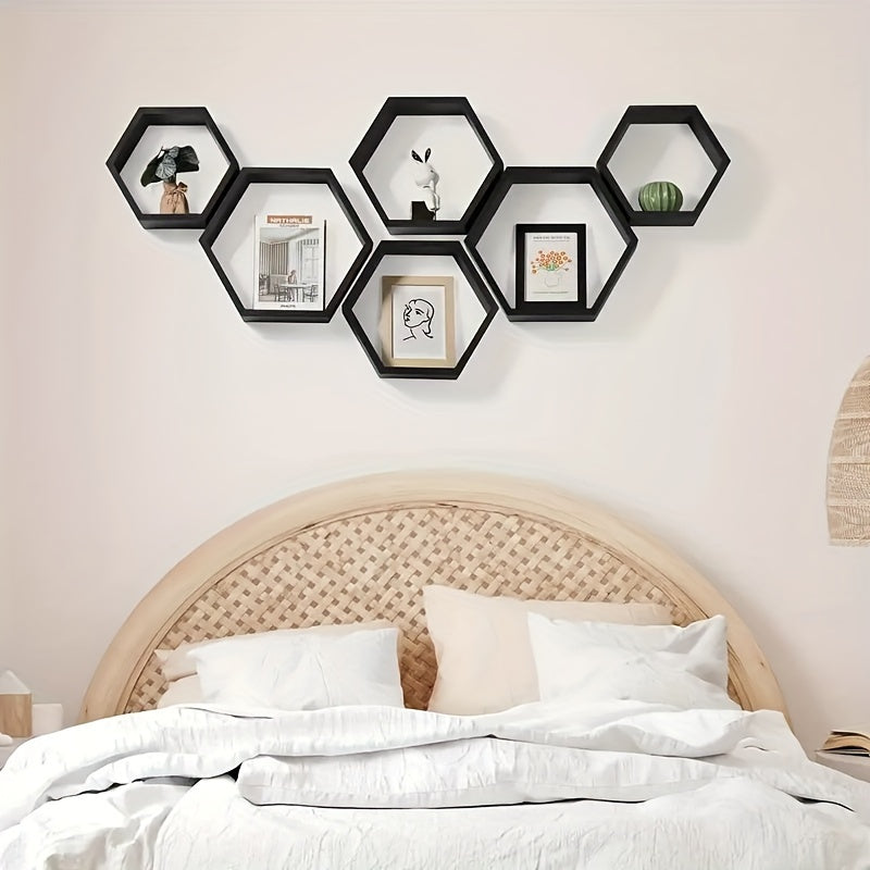 HexaWood - Set di 3 Mensole Esagonali in Legno Sospese per Spazi Abitativi e di Lavoro