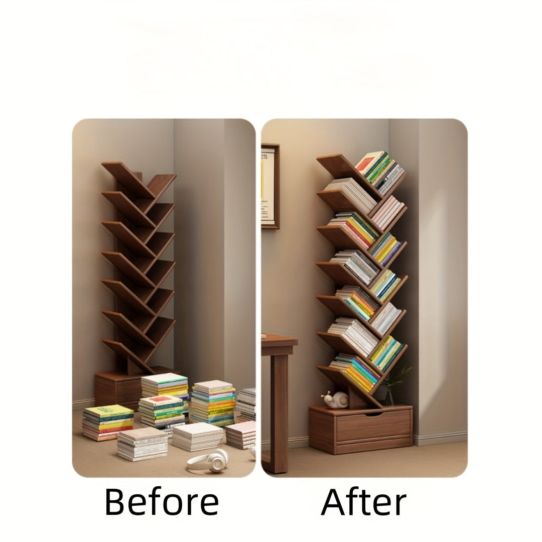 TreeShelf - Verticale Houten Boekenkast met Scheve Planken voor Woonkamer, Vrijstaand Ontwerp