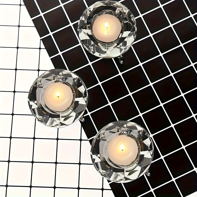 Juego de 2 candelabros de cristal transparentes - estilo europeo, candelabro romántico de diamante con base triangular de metal