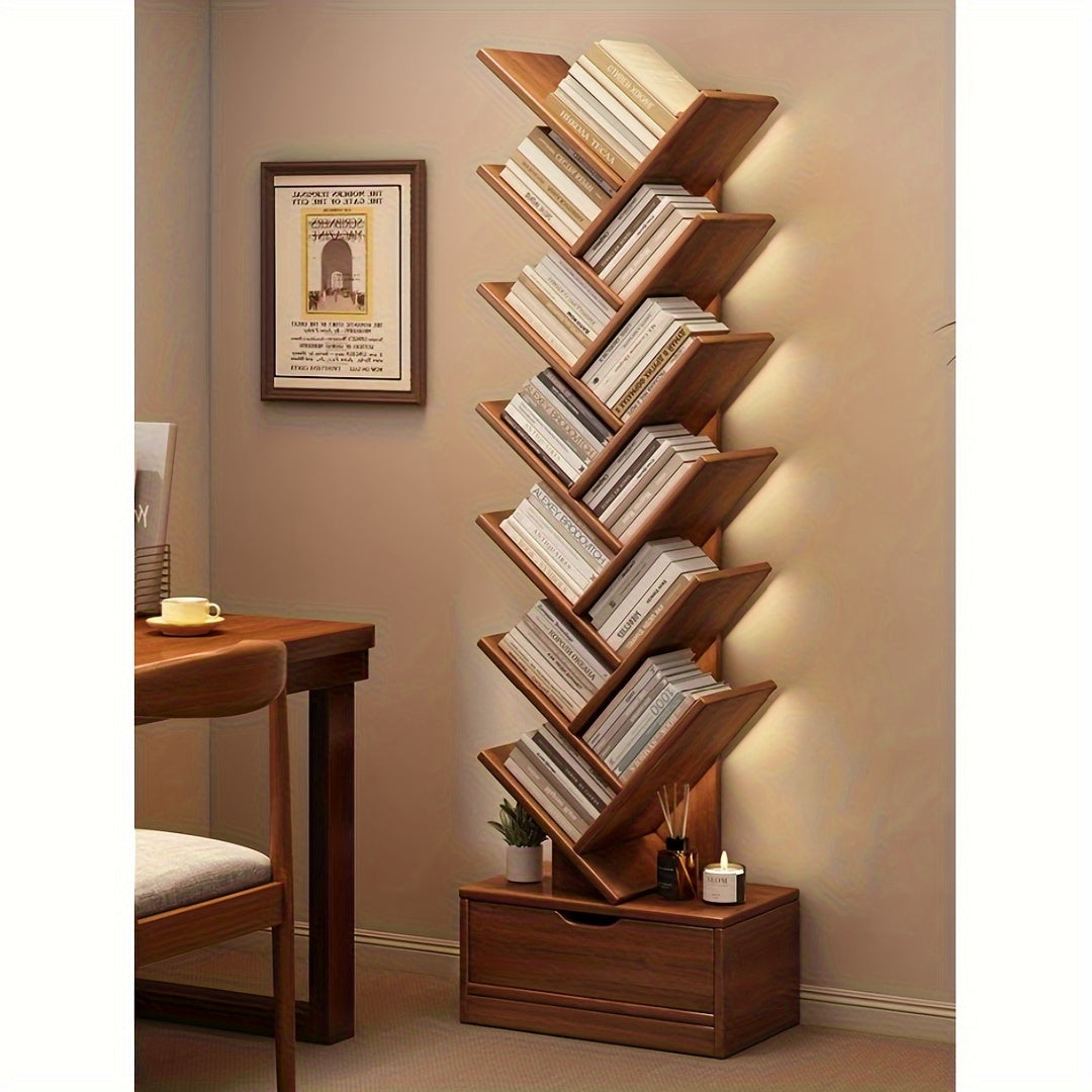 TreeShelf - Verticale Houten Boekenkast met Scheve Planken voor Woonkamer, Vrijstaand Ontwerp