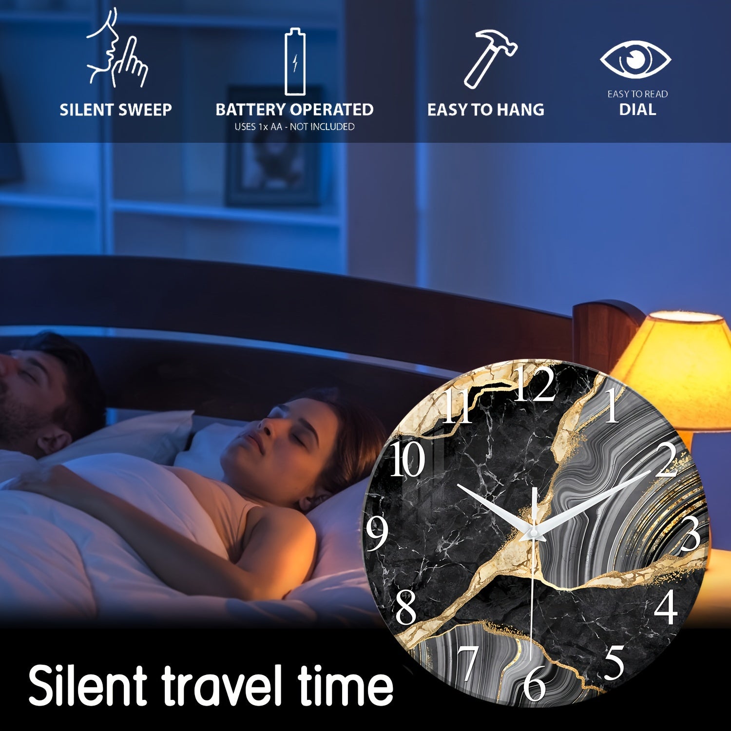 Moderne 12-inch glazen wandklok met marmerpatroon - Stil en batterij-aangedreven, perfect voor woonkamer en slaapkamer (zonder batterij)