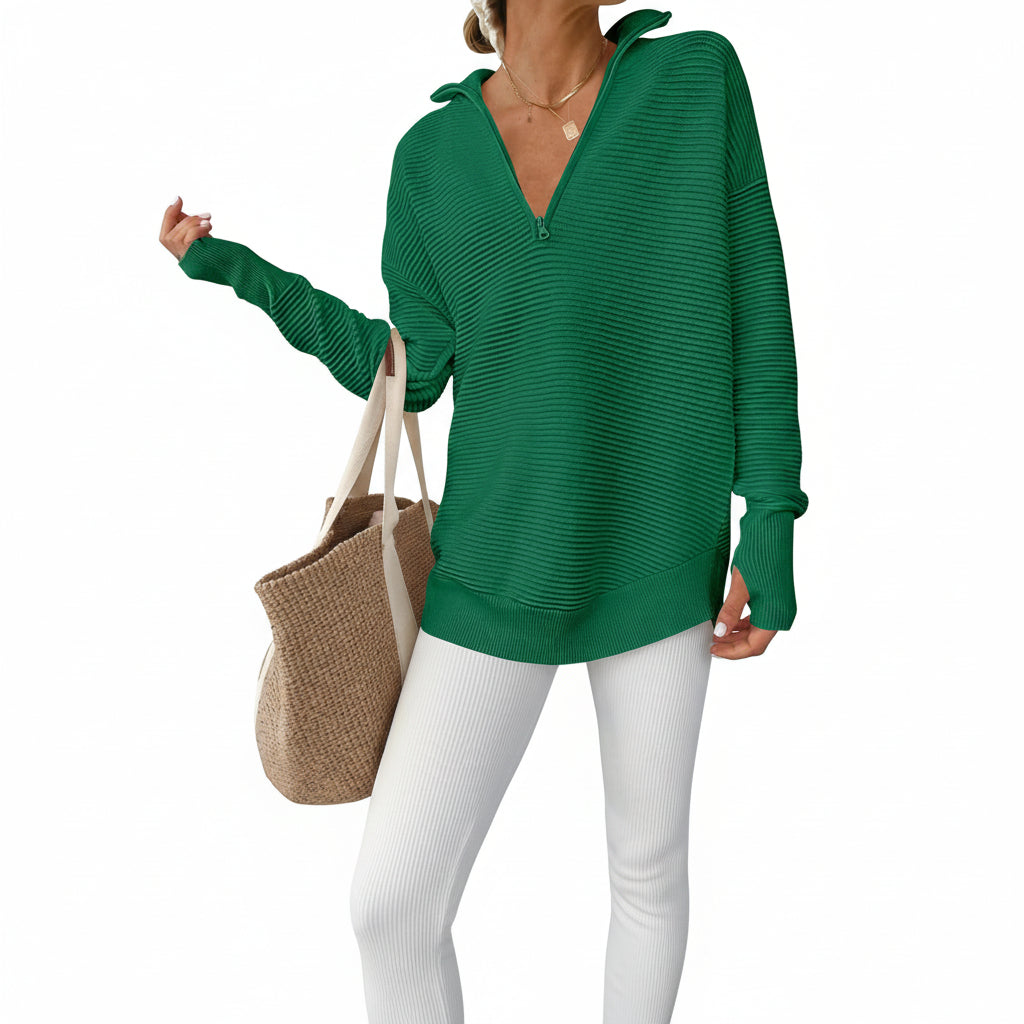 Dames Trui Gebreid Half Zip V Hals Ribstof Oversized