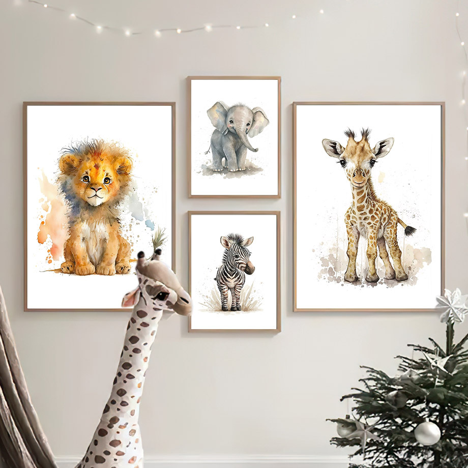 8 stuks Canvas Poster, Modern Kunst, Schattige Olifant Leeuw Giraffe Tijger Zebra, Kinderkamer Muurdecoratie, Dierenposters, Ideaal Cadeau voor Slaapkamer, Wanddecoratie, Geen Lijst