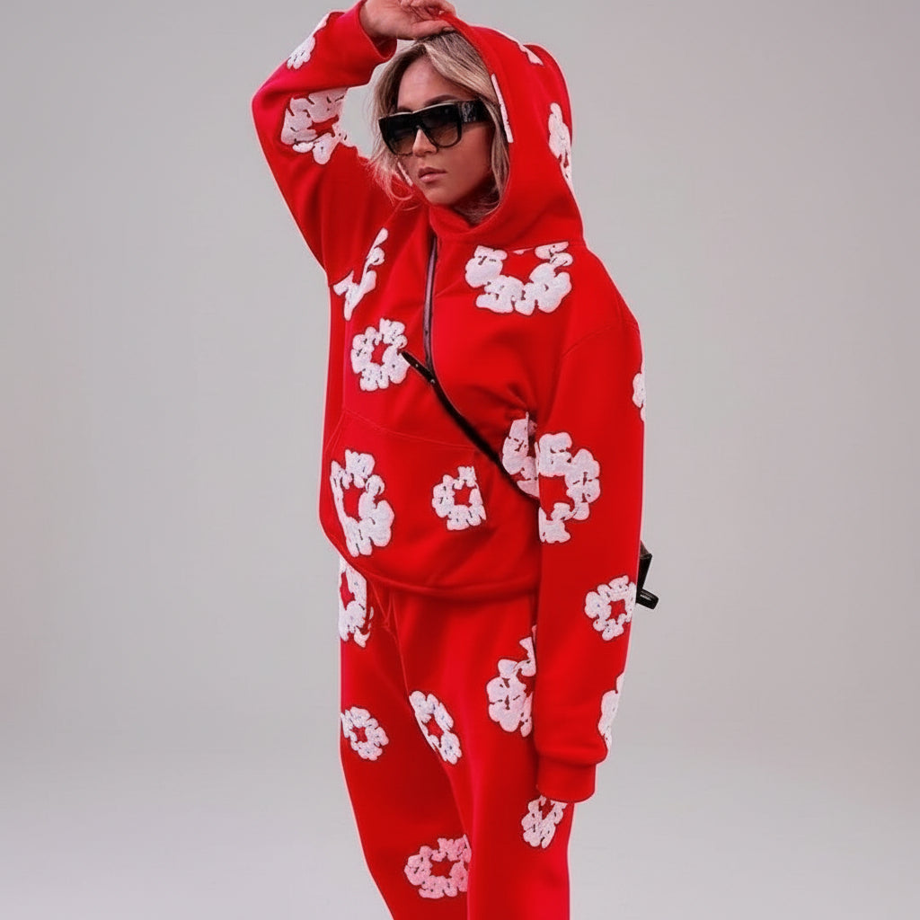 Fato de Treino Amplo Estampado com Flores Conjunto Confortável de Inverno