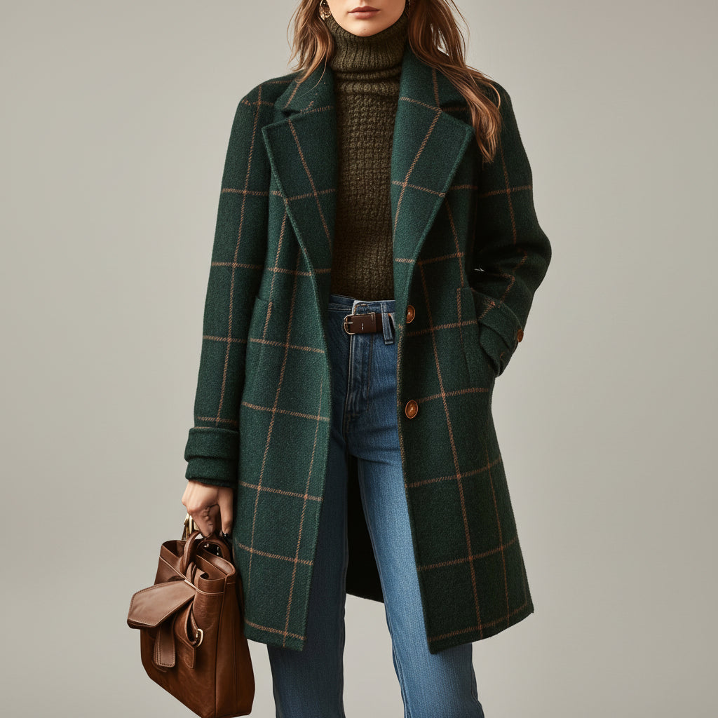 Elegante Dames Jas Ruitpatroon Wolmix Winter