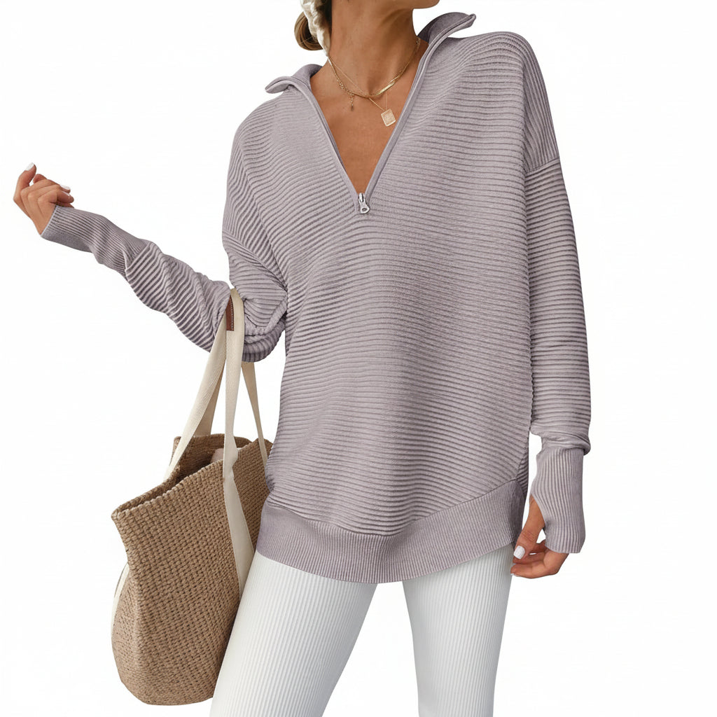 Dames Trui Gebreid Half Zip V Hals Ribstof Oversized