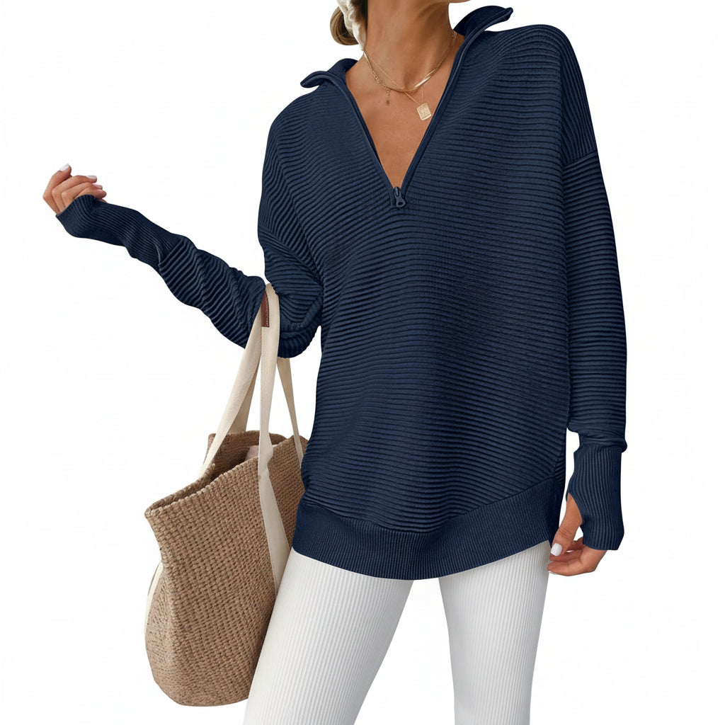 Dames Trui Gebreid Half Zip V Hals Ribstof Oversized