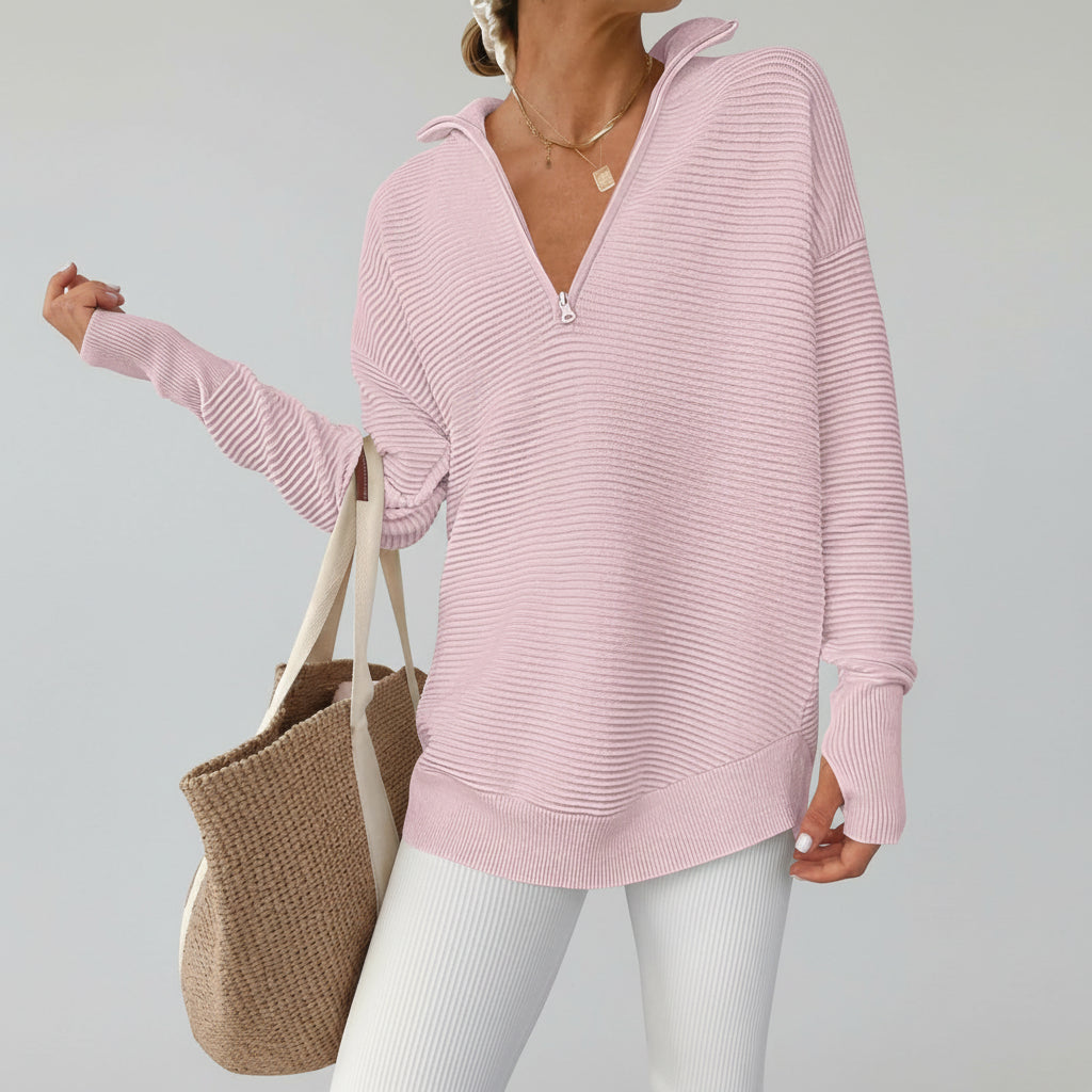 Dames Trui Gebreid Half Zip V Hals Ribstof Oversized