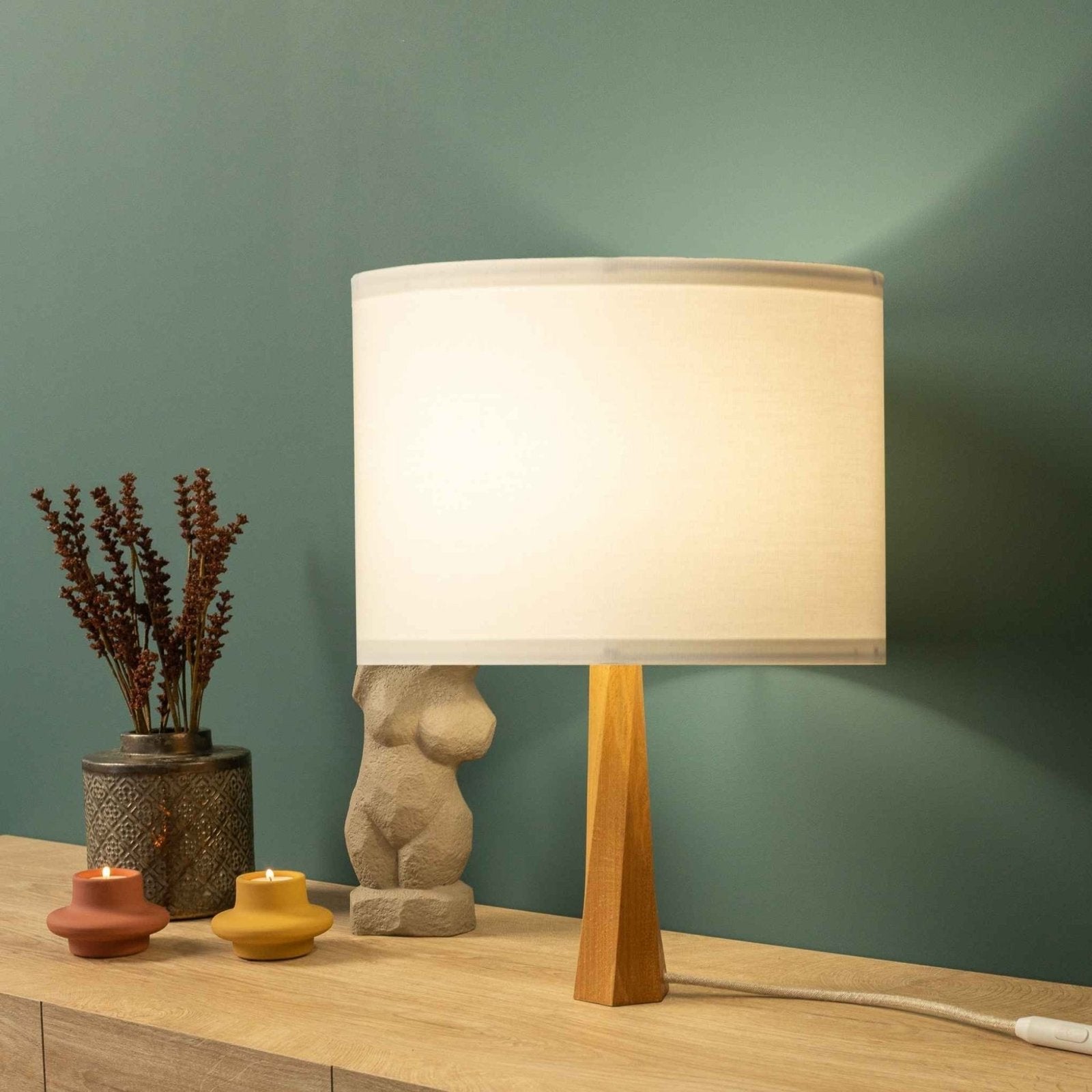 LumiWood - Lámpara de Mesa Moderna de Madera con Pantalla de Tela | Diseño Escandinavo