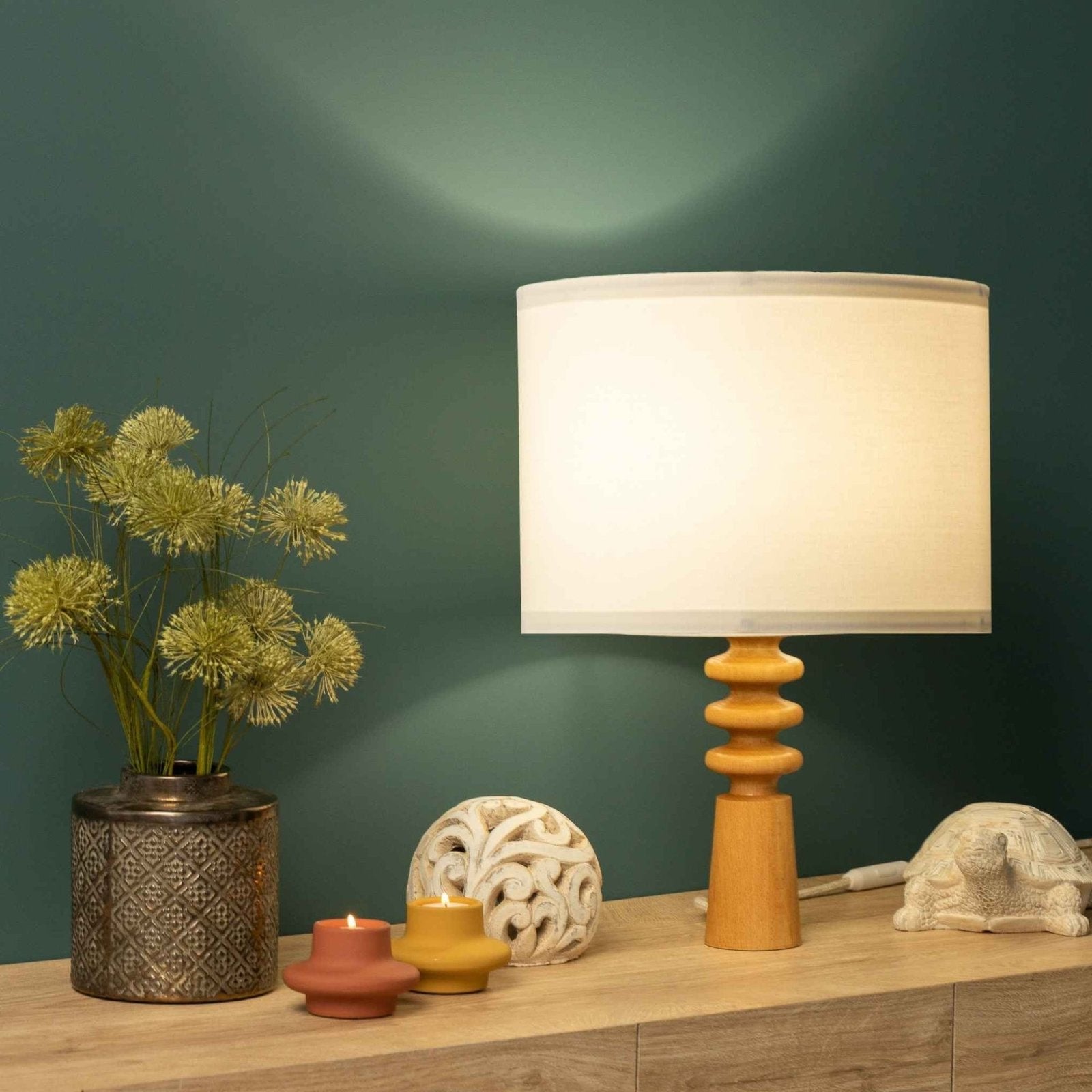 NordicGlow - Scandinavische Houten Tafellamp – Minimalistische Nachtlamp met Stoffen Kap