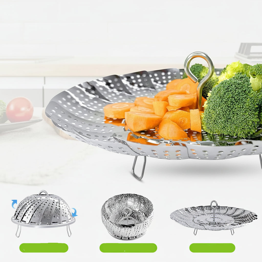 Cesto de Cozedura a Vapor Dobrável Suporte Ajustável para Panelas Cozinhar