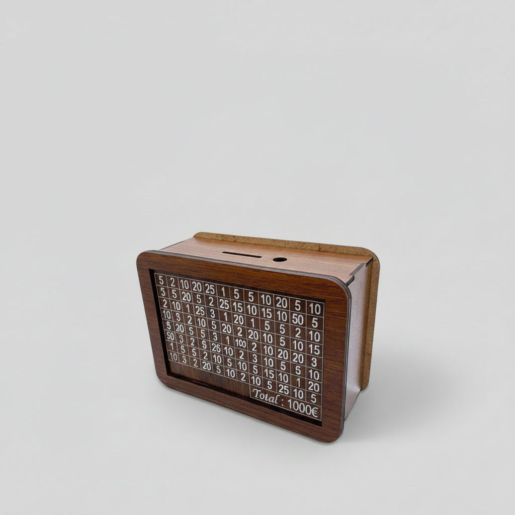 Mealheiro de Madeira Kakeibo Modelo de Mesa Objetivos de Poupança Visão Geral