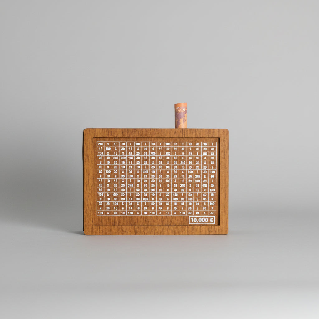 Mealheiro de Madeira Kakeibo Modelo de Mesa Objetivos de Poupança Visão Geral