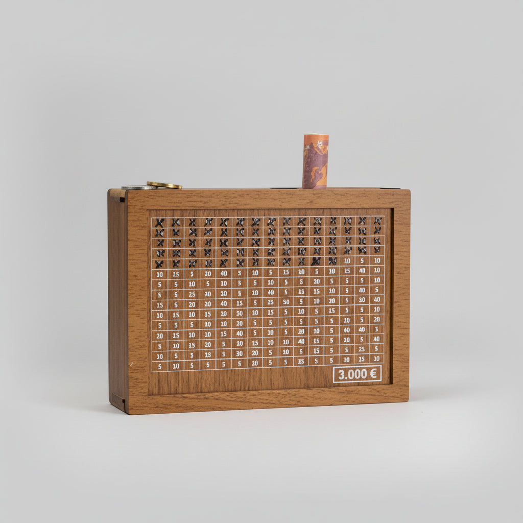 Mealheiro de Madeira Kakeibo Modelo de Mesa Objetivos de Poupança Visão Geral