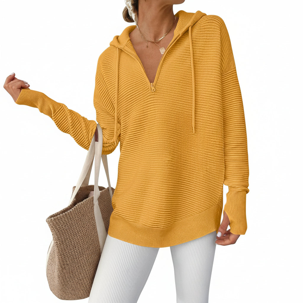 Dames Trui Gebreid Half Zip V Hals Ribstof Oversized