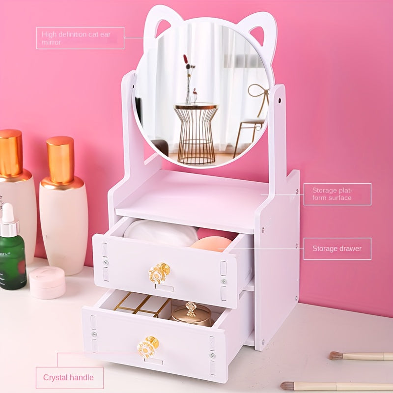 Make-up Spiegel met Lade – 360° Draaibaar, Cosmetica Opbergdoos Met Spiegel, Kattenoren Ontwerp