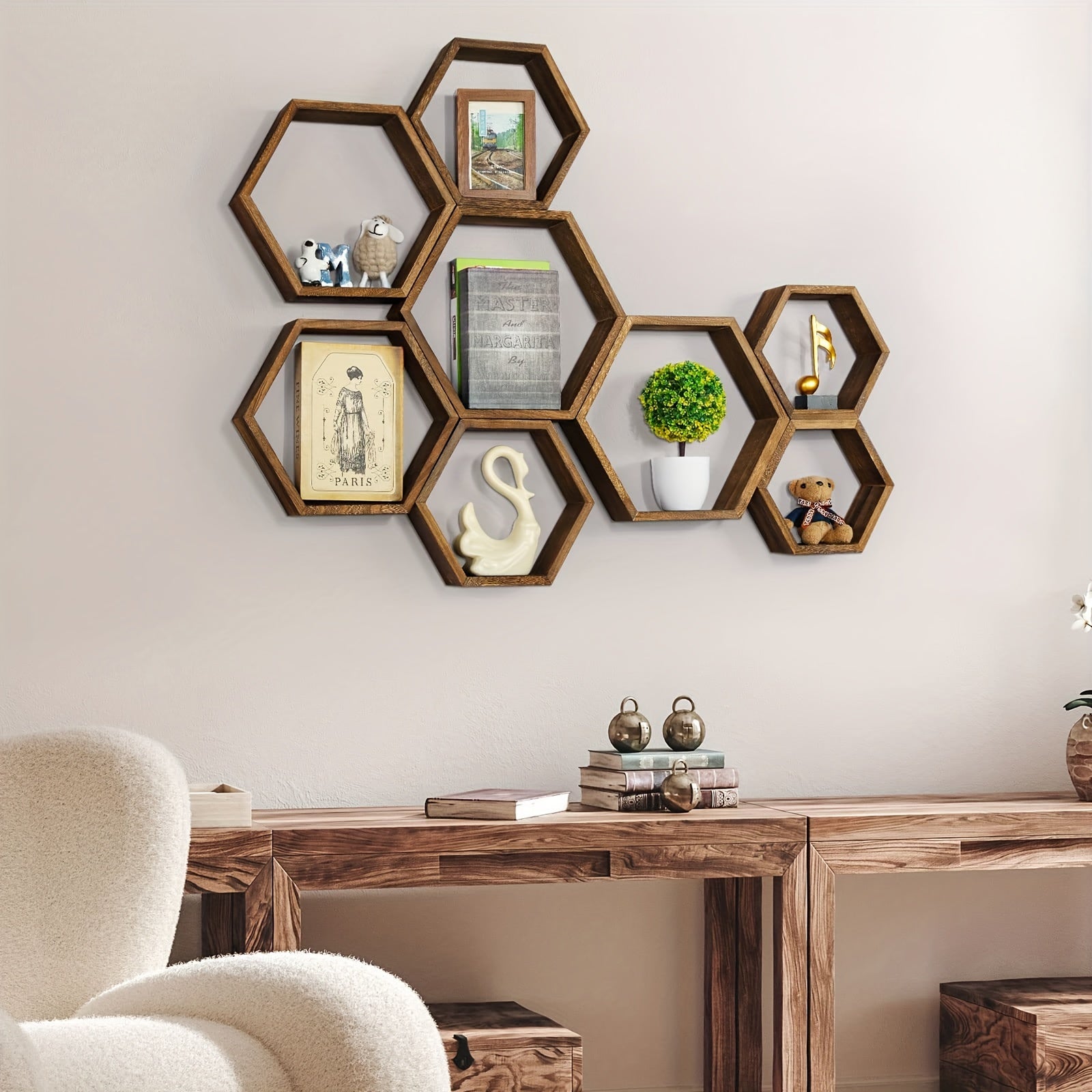 HexaWood - 3 Stuks Houten Zeshoekige Zwevende Wandplanken voor Keuken, Woonkamer & Slaapkamer