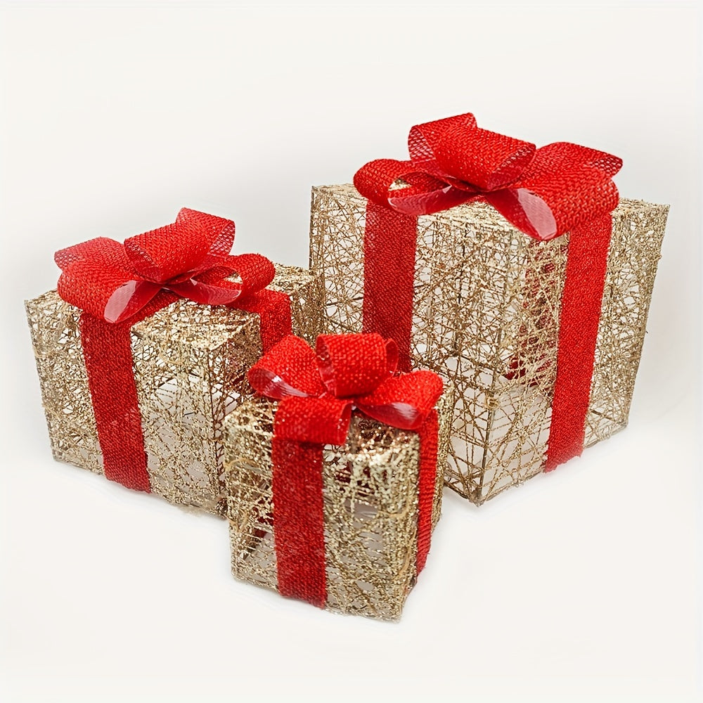 GlowGifts - Set van 3 Verlichte Kerstcadeaudozen met Strikken