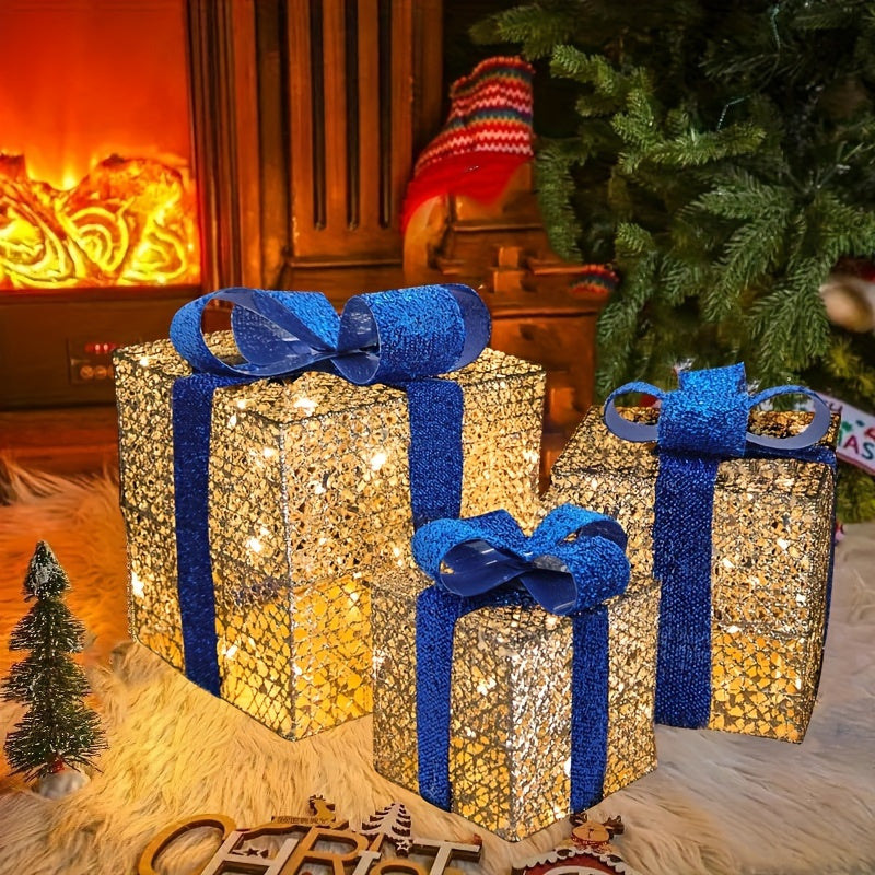 GlowGifts - Set van 3 Verlichte Kerstcadeaudozen met Strikken