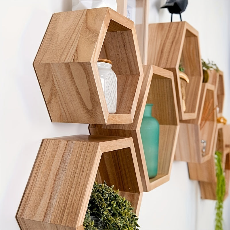 HexaWood - 3 Stuks Houten Zeshoekige Zwevende Wandplanken voor Keuken, Woonkamer & Slaapkamer