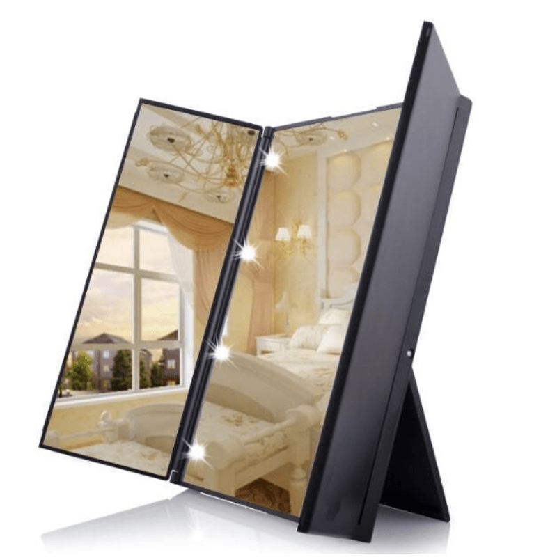 Driezijdige LED Make-up Spiegel – Draagbare Opvouwbare Trifold Spiegel met Verlichting