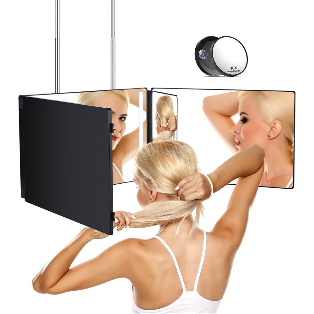 LED 3-Weg Spiegel voor Zelf Haar Knippen - Make-up & Kappersspiegel, 360 Graden Uitzicht, Driedelig met Verlichting