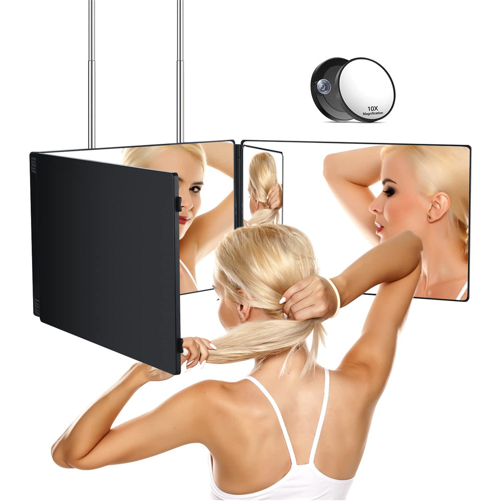 LED 3-Way Mirror for Self Hair Cutting - Makeup & Barber Mirror, 360 Degree View, Three-Piece with Lighting