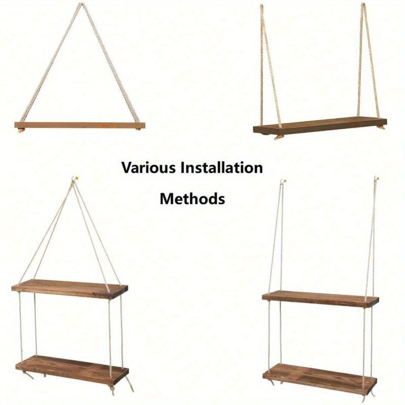 DecoShelf - Houten Zwevende Plank met Verstelbaar Hennep Touw - Voor Planten en Decoratie
