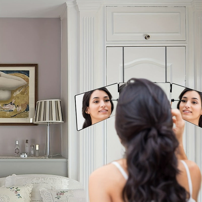 360° Draaibare 3-Zijdige Spiegel met Hoogte Verstelling & Haken – Perfect voor DIY Kapsels & Make-up, Geen Batterij Nodig
