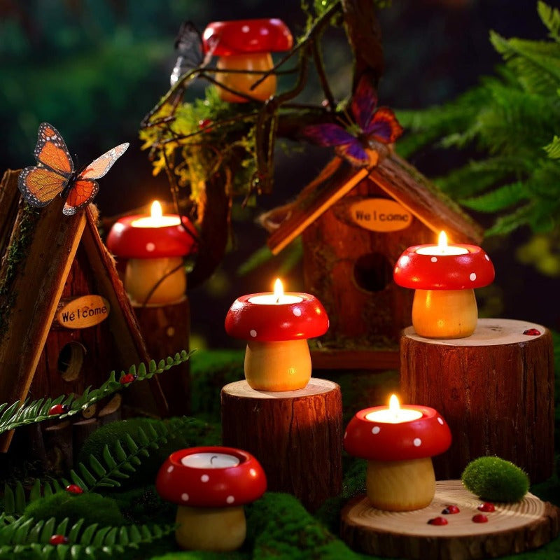 3 stuks houten paddenstoel theelichthouders - Schattige decoratie voor tafeldecoratie