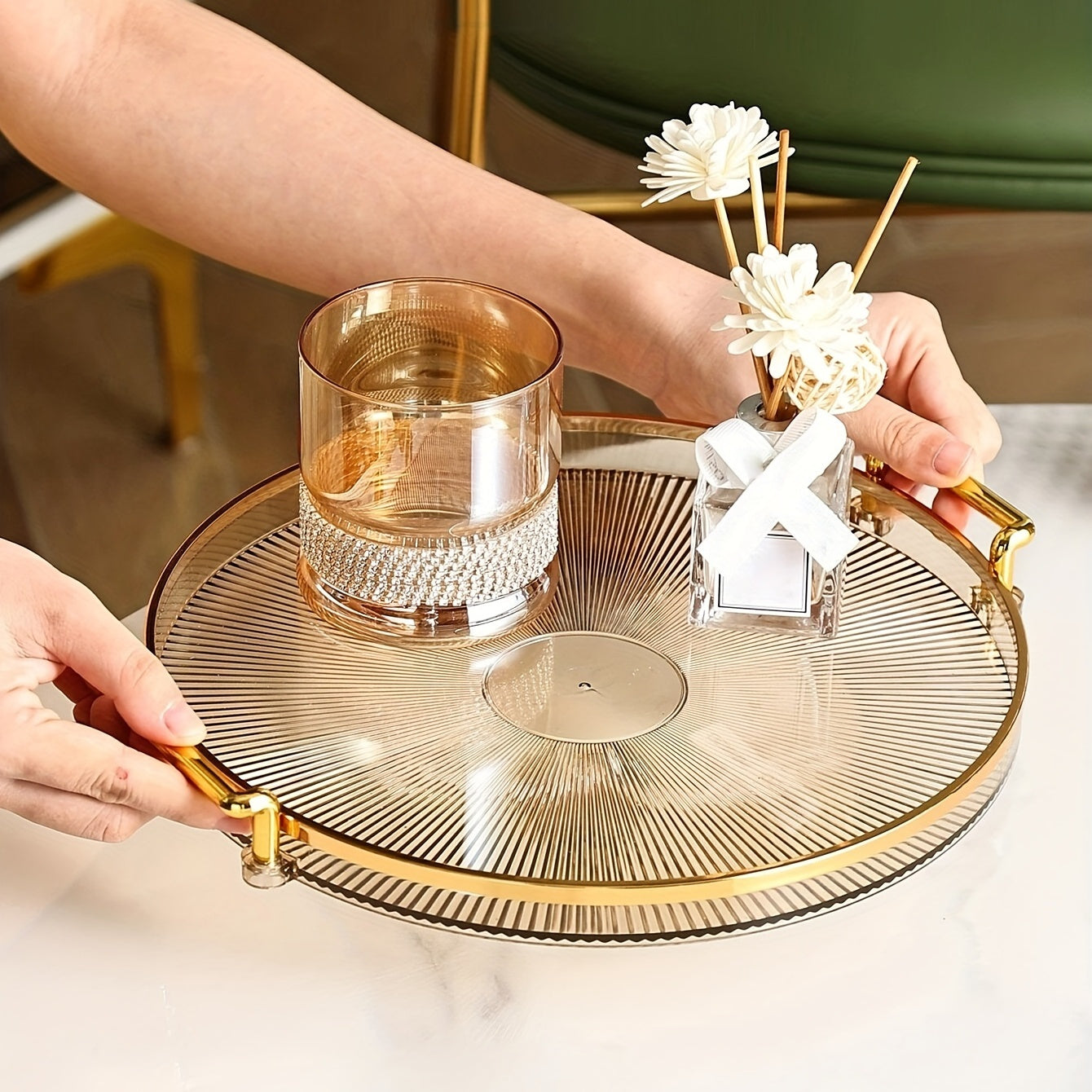 AcrylicTray - Acryl Serveerschaal met Gouden Handgrepen | Voor Dessert & Snack
