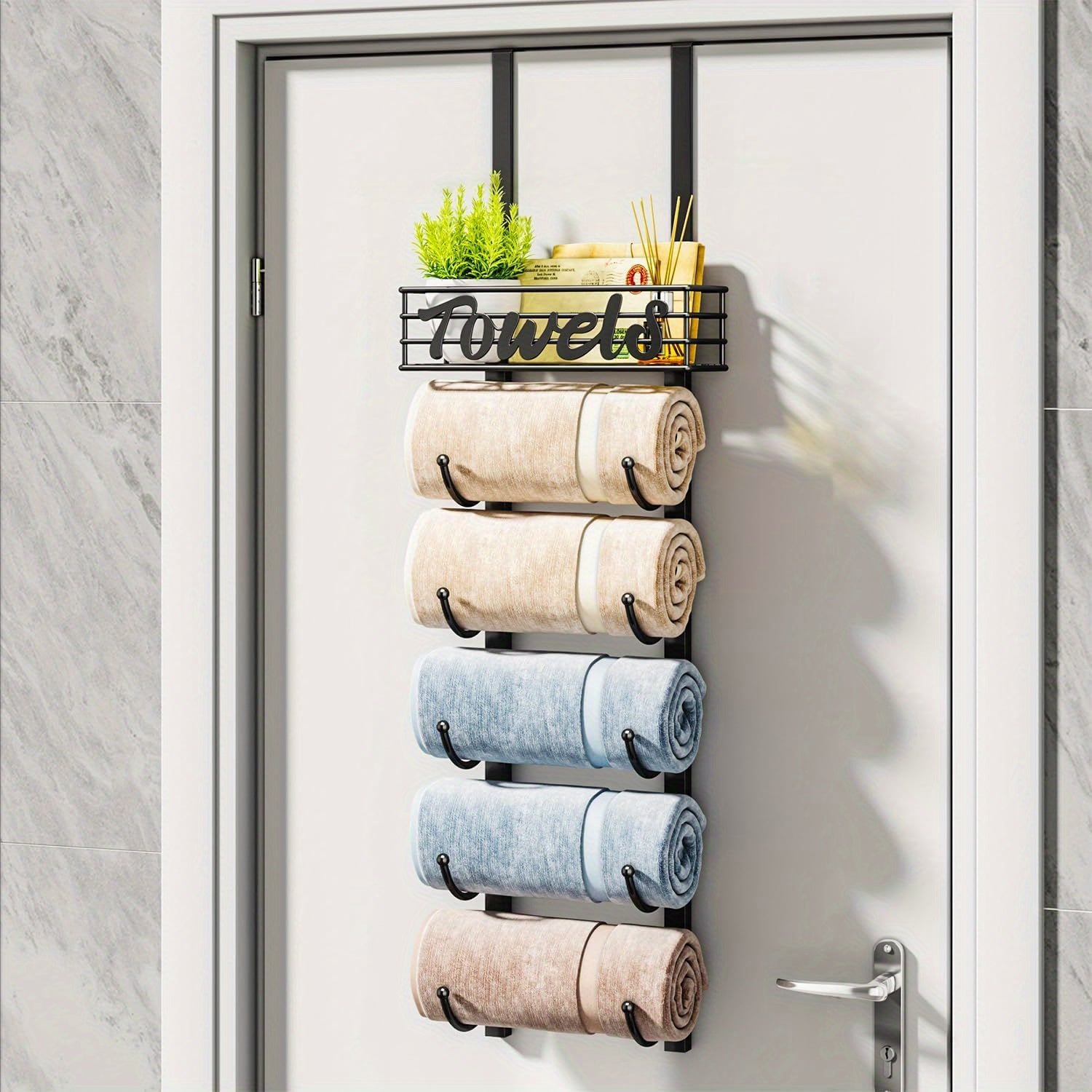 SpaceSaver - Zwart Metalen Handdoekenrek voor Deur met Plank voor Badkamer