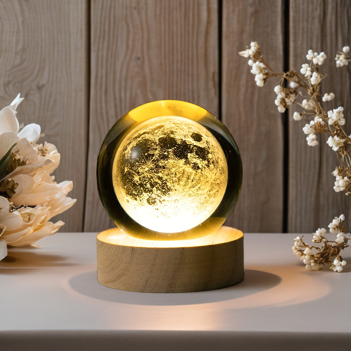 MoonCrystal - Maan Kristal Bal Lamp met Houten Basis
