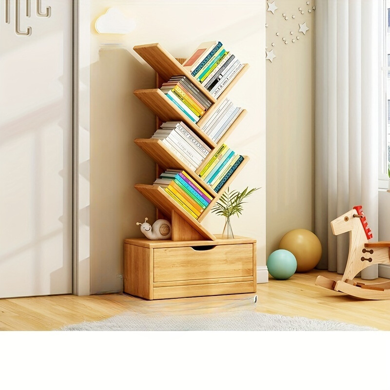 TreeShelf - Verticale Houten Boekenkast met Scheve Planken voor Woonkamer, Vrijstaand Ontwerp