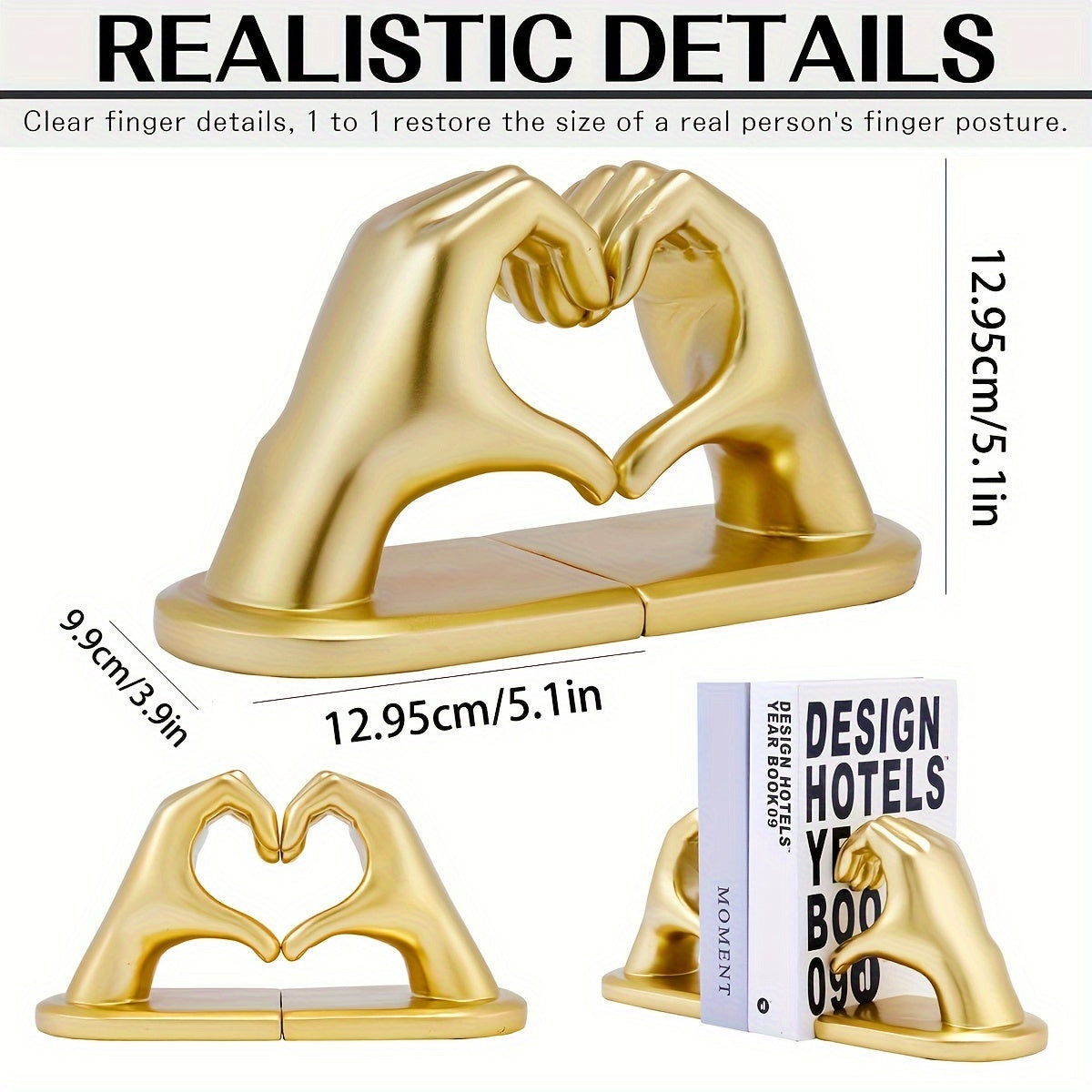 GoldenHeart - Set di 2 Fermalibri - Scultura d'Arte Moderna per Decorazione della Casa