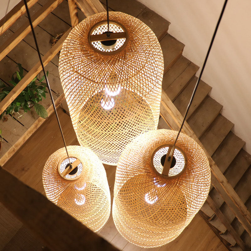 Lámpara colgante de bambú elegante - lámpara de madera asiática de 2 luces para sala de estar