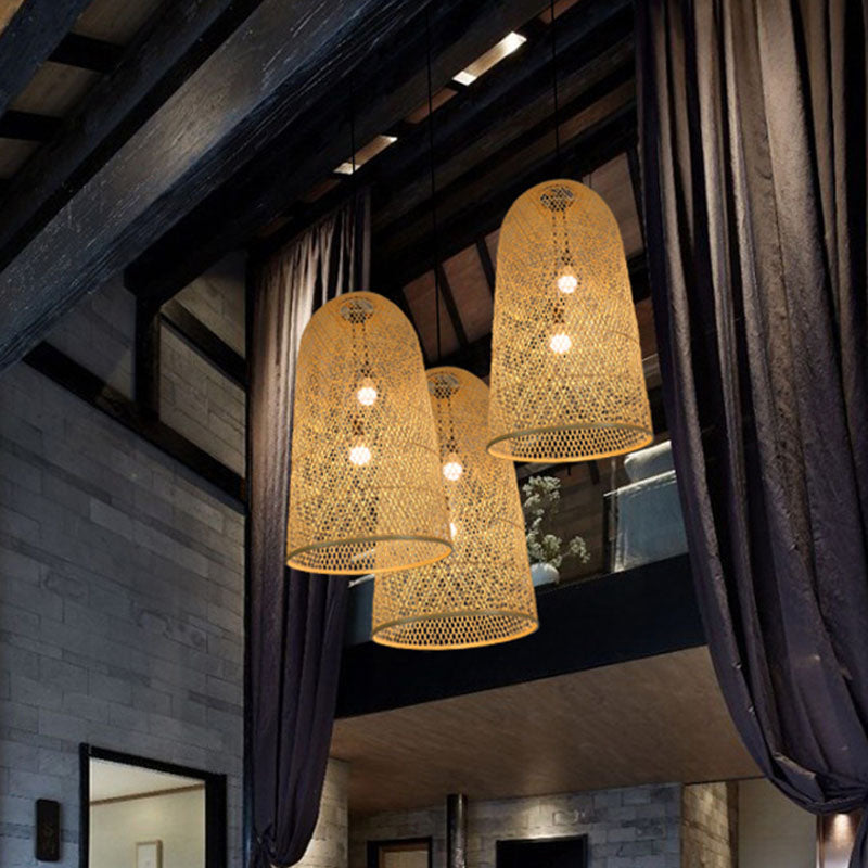 Lámpara colgante de bambú elegante - lámpara de madera asiática de 2 luces para sala de estar