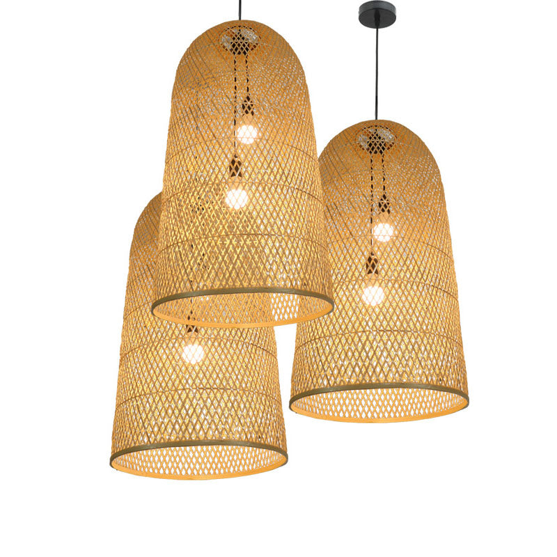 Lámpara colgante de bambú elegante - lámpara de madera asiática de 2 luces para sala de estar