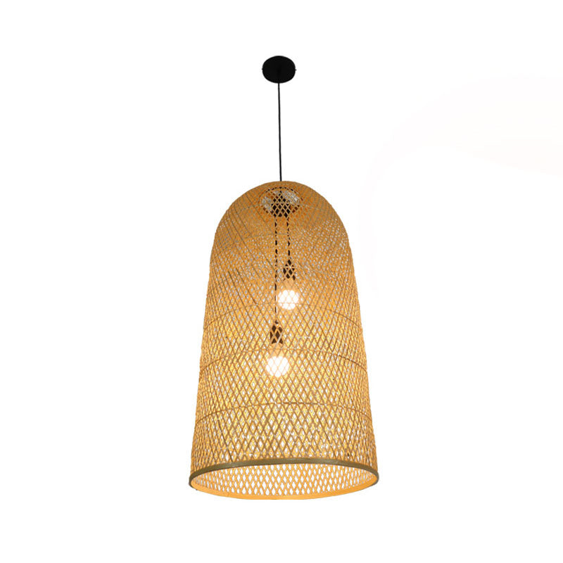 Lámpara colgante de bambú elegante - lámpara de madera asiática de 2 luces para sala de estar
