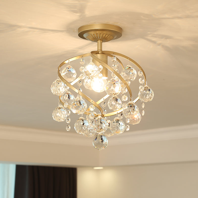 Crystal Ball Spiral Semi-Flush Ceiling Lamp Postmodern 1-Light Brass Ceiling Lamp Fixture