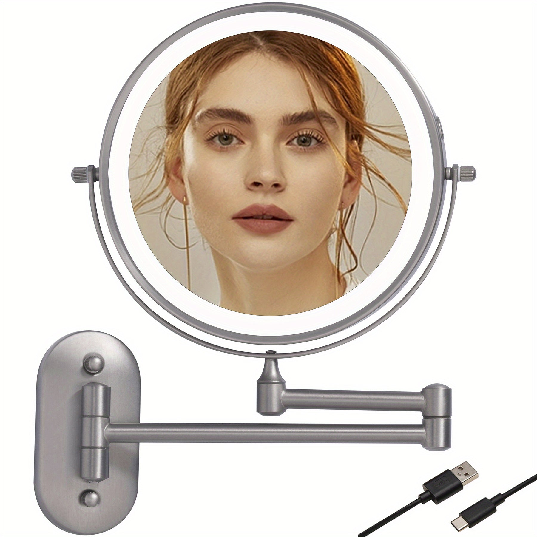 ED Make-up Mirror with Lighting - Double-sided, 3/5/7/10X Magnification, Dimmable LED Lights, Extendable Arm