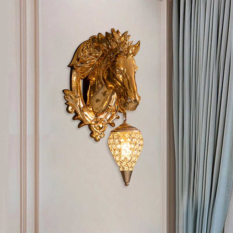 Brass Horse Sconce - Vintage Wandlamp met Kristallen Schaduw