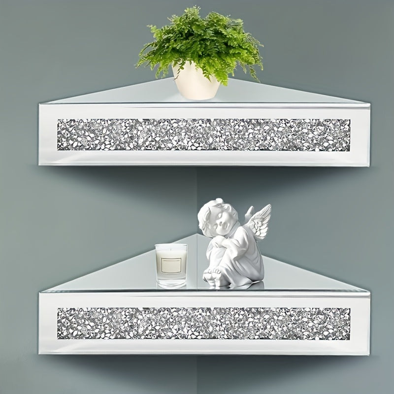 CrystalGlam - Zwevende Hoekplank Set met Glas en Spiegelafwerking voor Slaapkamer