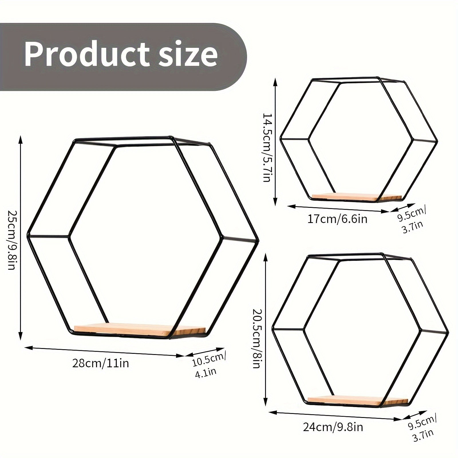 HexaDisplay - Set van 3 Vintage Zeshoekige Zwevende Planken met Massief Houten Basis