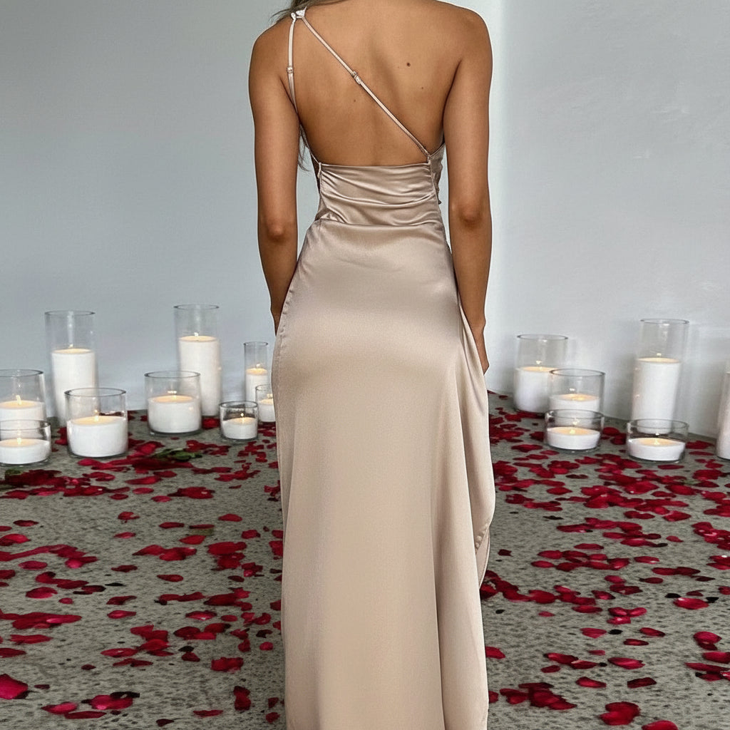 Jurk Satijn Elegante Asymmetrische Split Avondjurk Dames