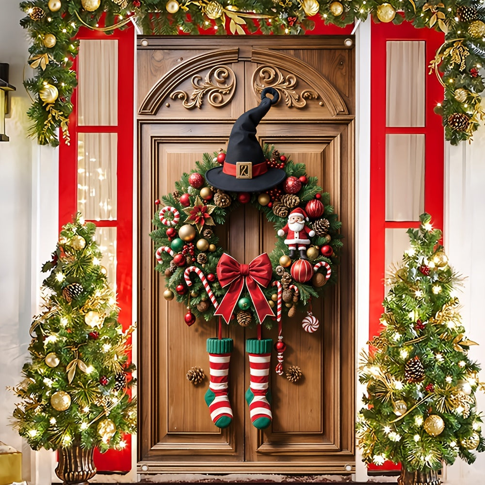 Holiday Banner - Polyester Christmas Door Banner with Wreath