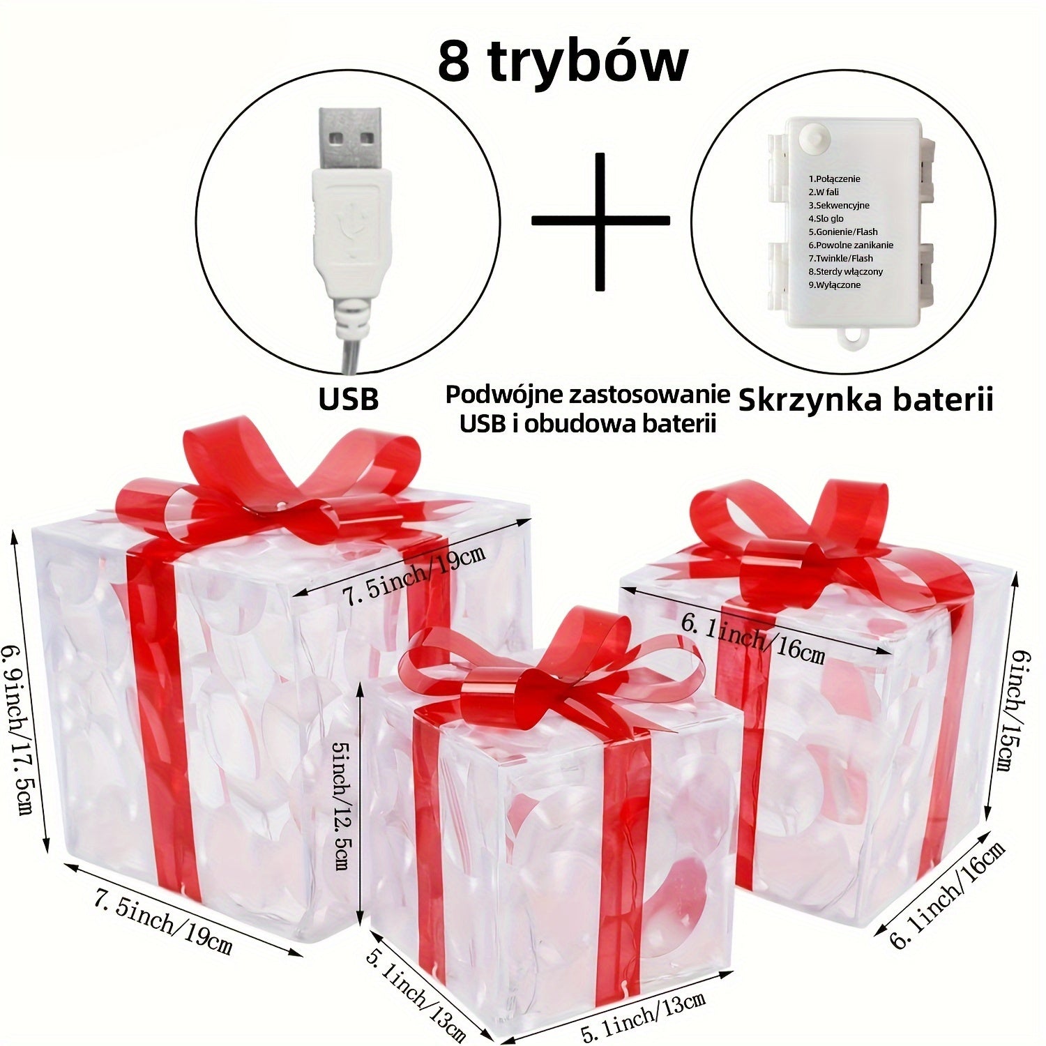 CadeauLicht - Set van 3 Verlichte Kerstcadeaudozen met Rode Strik