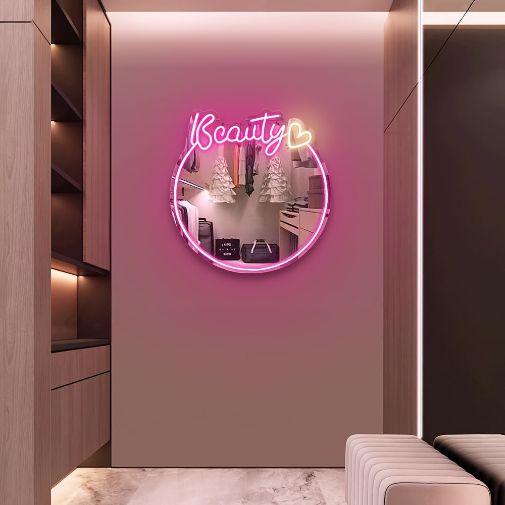 Beauty Neon Spiegel - Wandmontage, USB-Aangedreven Spiegellicht voor Meisjeskamer of Beautysalon