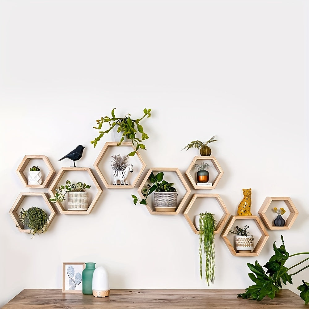 HexaWood - 3 Stuks Houten Zeshoekige Zwevende Wandplanken voor Keuken, Woonkamer & Slaapkamer
