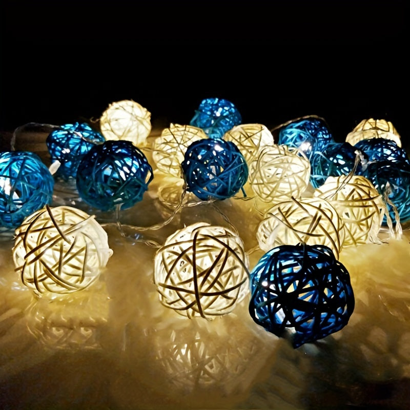 LuxeGlow - Luci a Catena in Rattan Bianco e Blu 2m 20 LED, Illuminazione Decorativa a Batteria